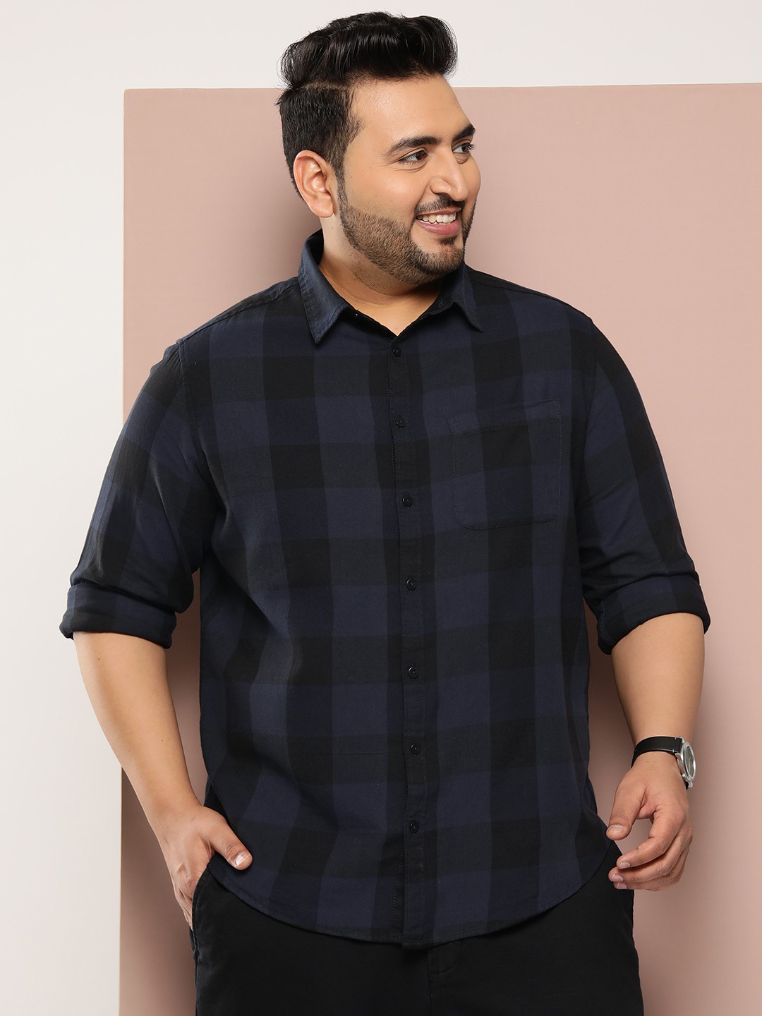 

Sztori Plus Size Buffalo Checks Pure Cotton Casual Shirt, Navy blue