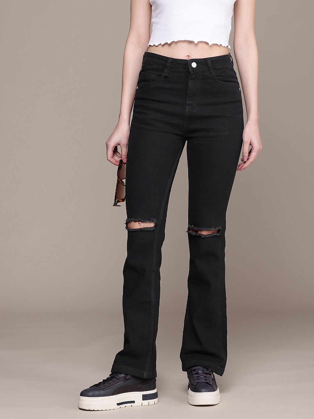 

The Roadster Life Co. Women Bootcut High-Rise Slash Knee Stretchable Jeans, Black