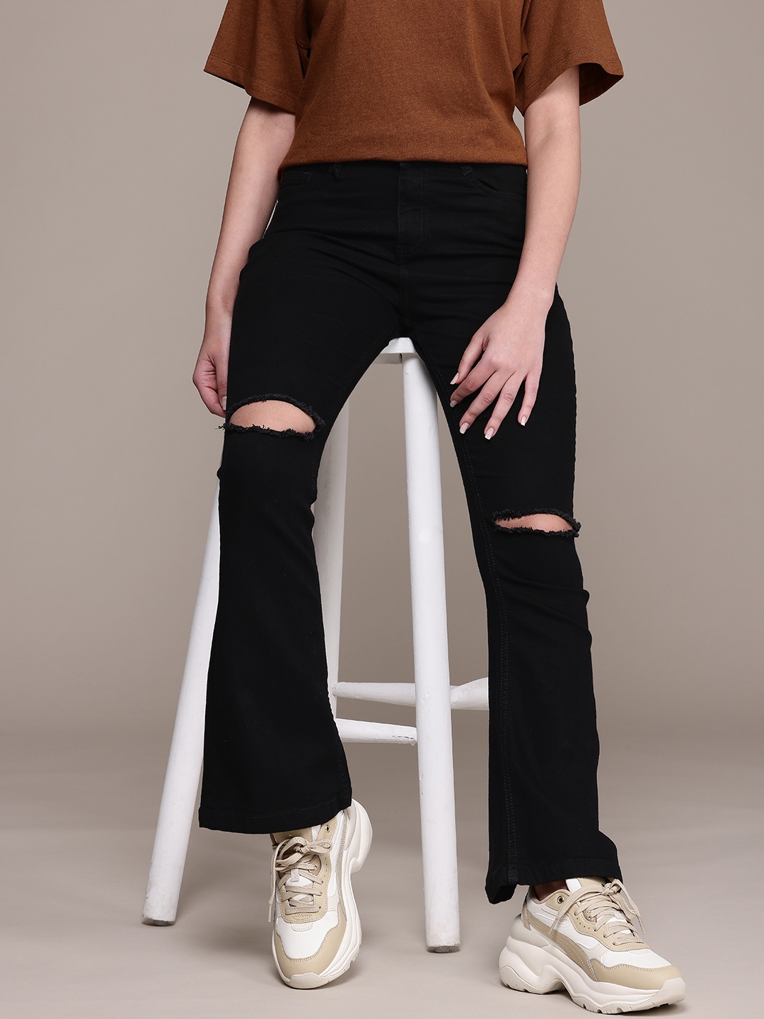 

The Roadster Life Co. Women Flared High-Rise Slash Knee Stretchable Jeans, Black