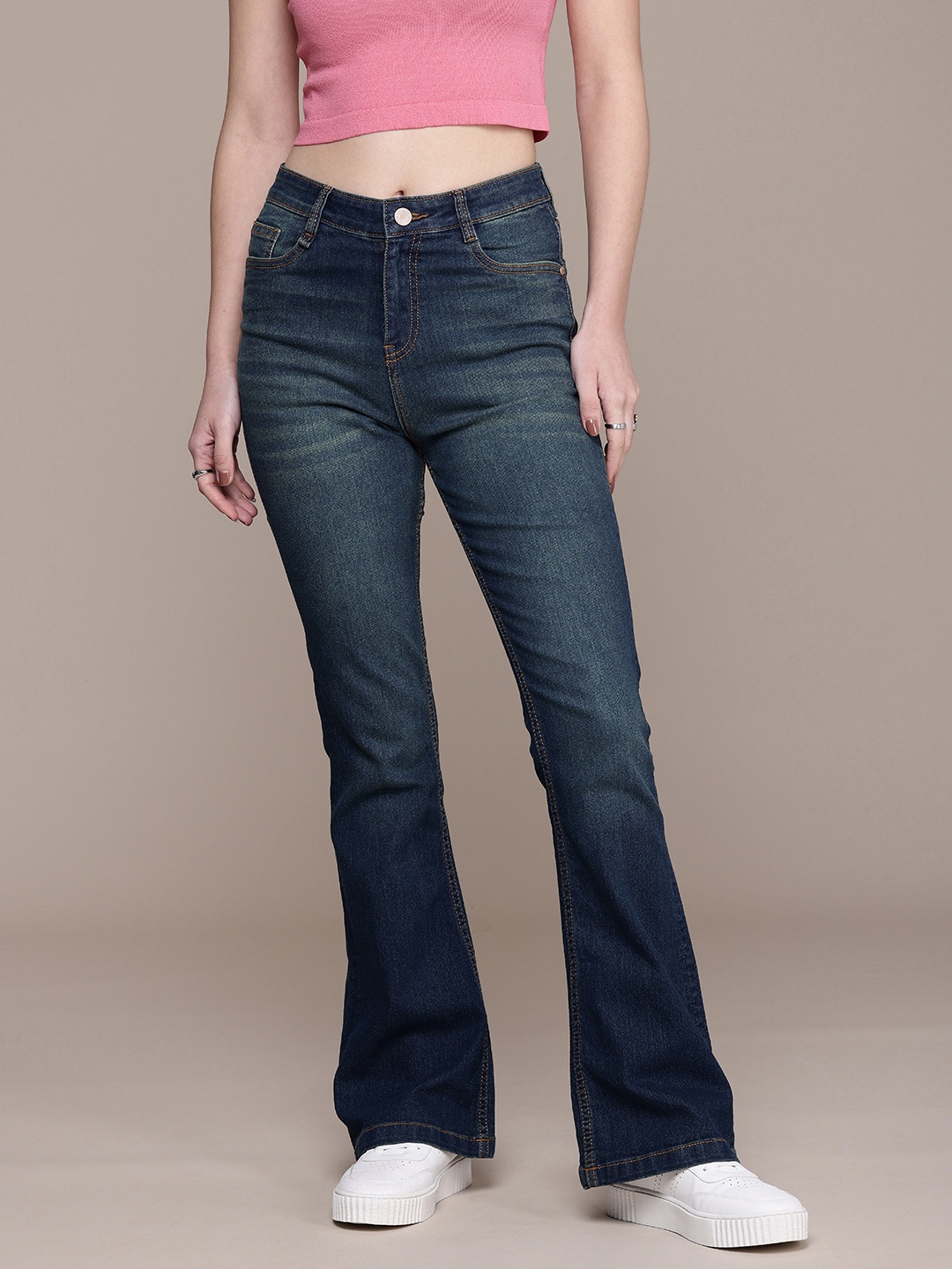 

The Roadster Life Co. Women Flared High-Rise Light Fade Clean Look Stretchable Jeans, Blue