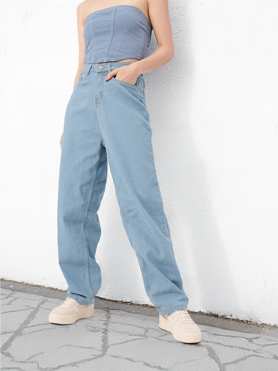 

The Roadster Life Co. Women Soft Grunge Baggy Fit High-Rise Jeans, Blue
