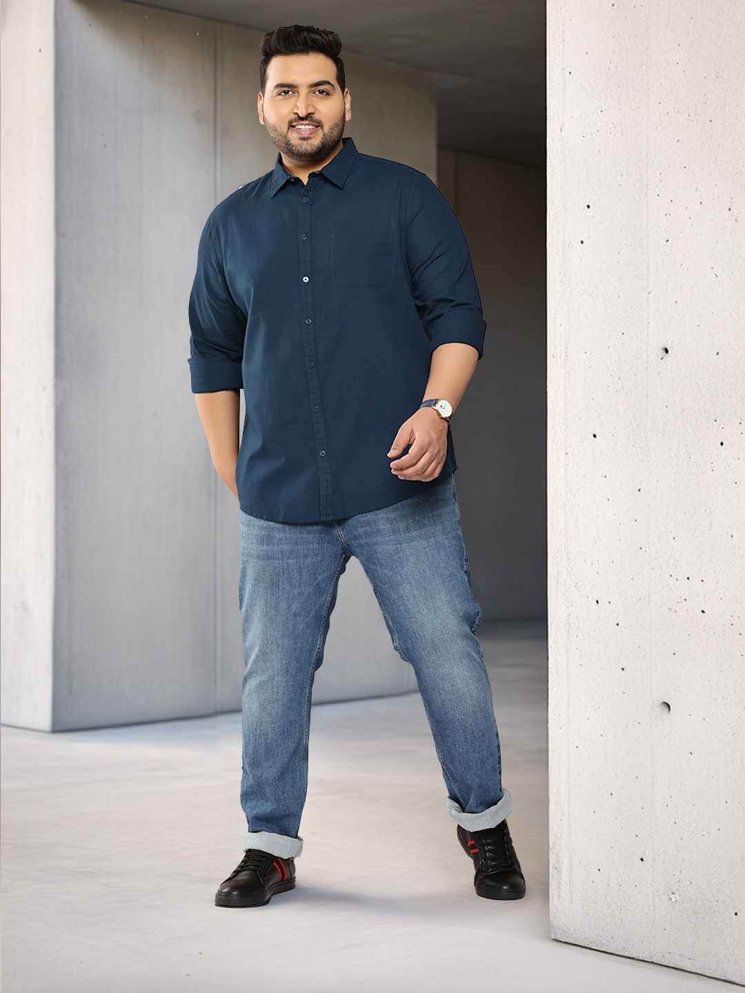 Sztori Plus Size Opaque Casual Shirt with Patch Pocket, Navy blue