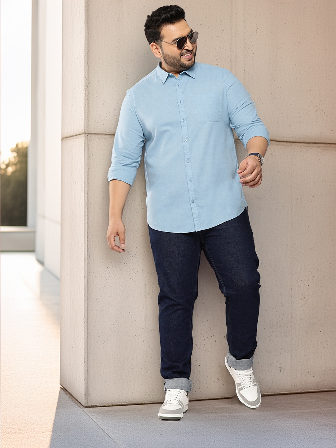 

Sztori Plus Size Opaque Casual Shirt with Patch Pocket, Blue