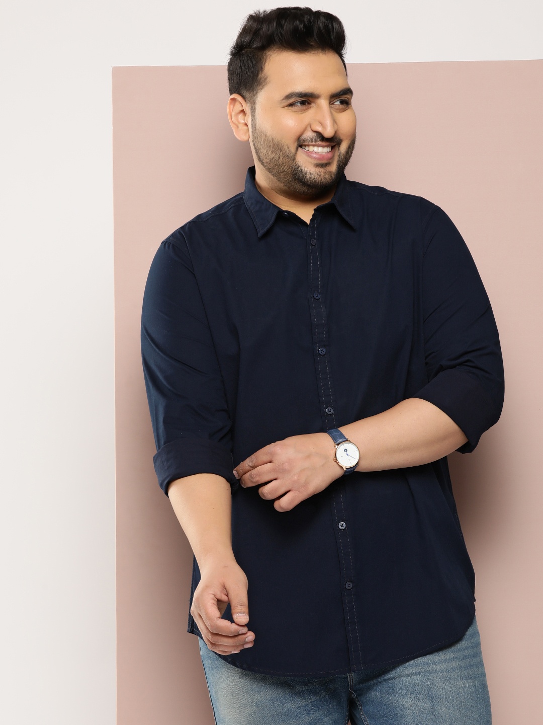 

Sztori Plus Size Solid Cotton Casual Shirt, Navy blue