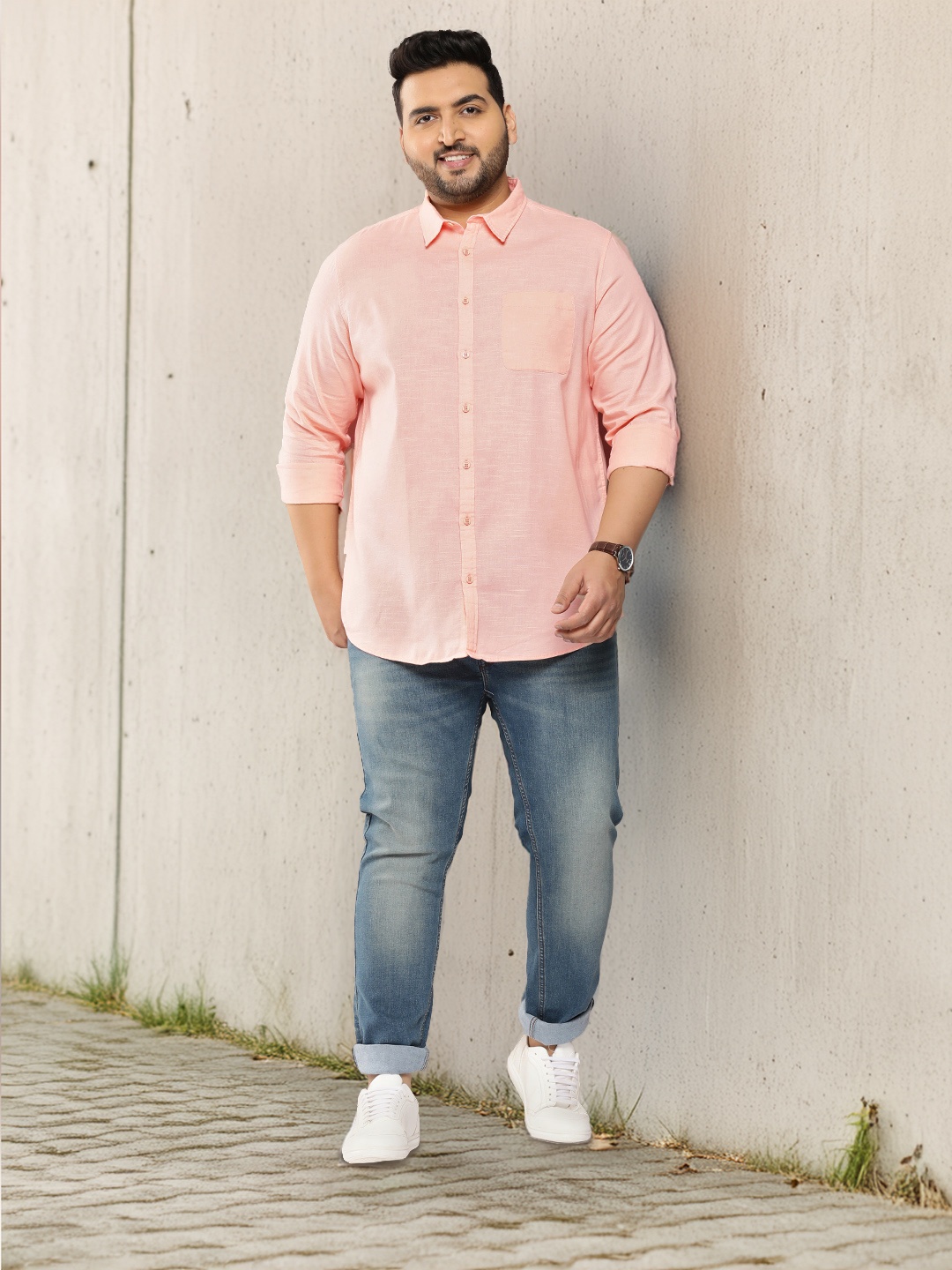Sztori Plus Size Solid Cotton Casual Shirt, Peach
