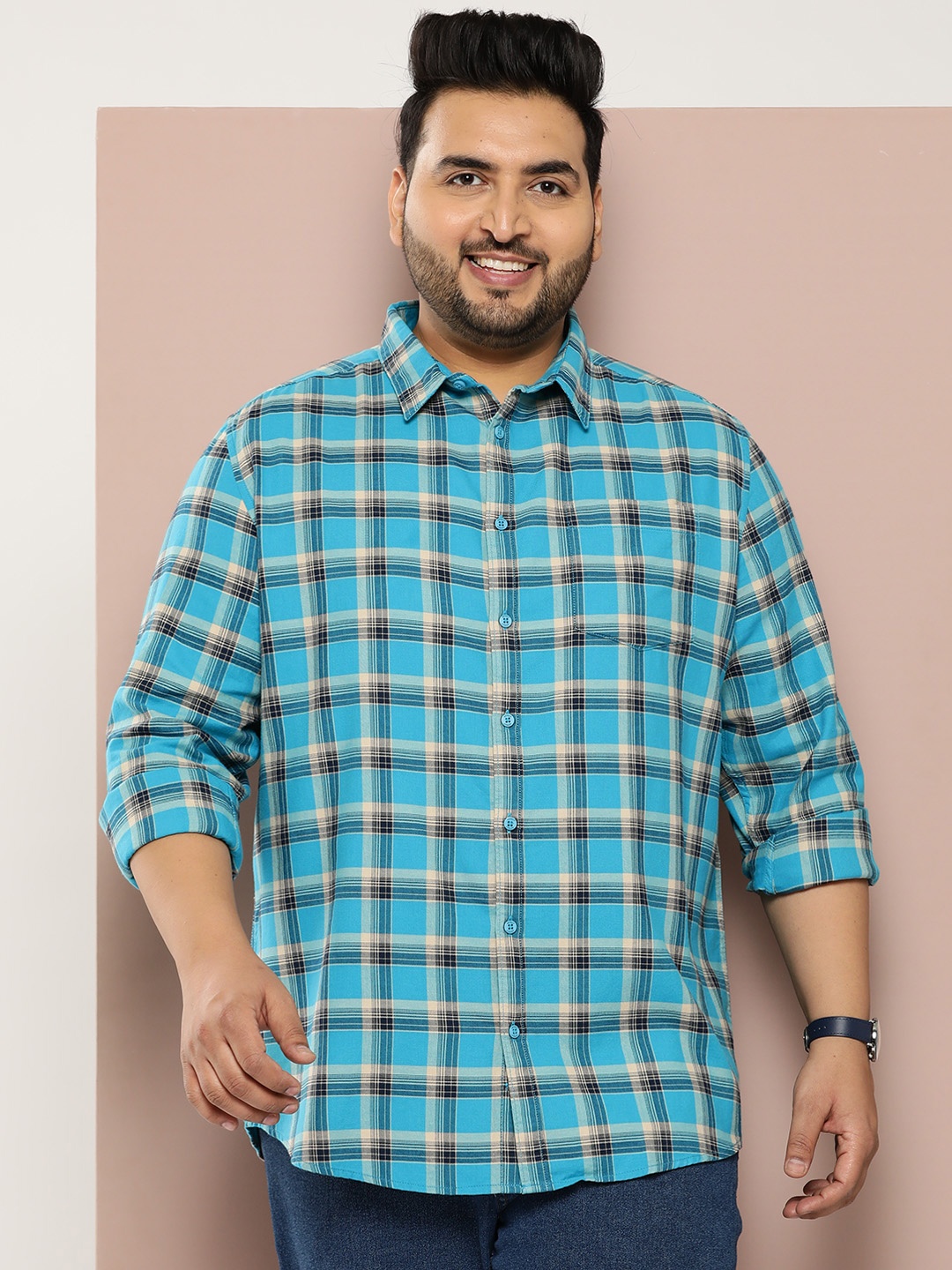 

Sztori Plus Size Pure Cotton Checked Casual Shirt, Blue