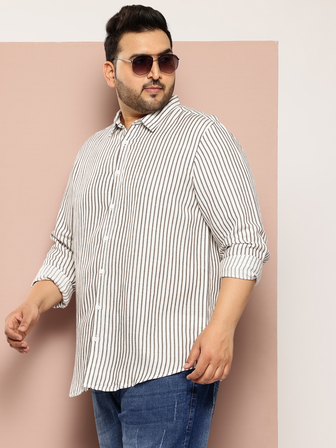 

Sztori Plus Size Striped Casual Shirt, Off white