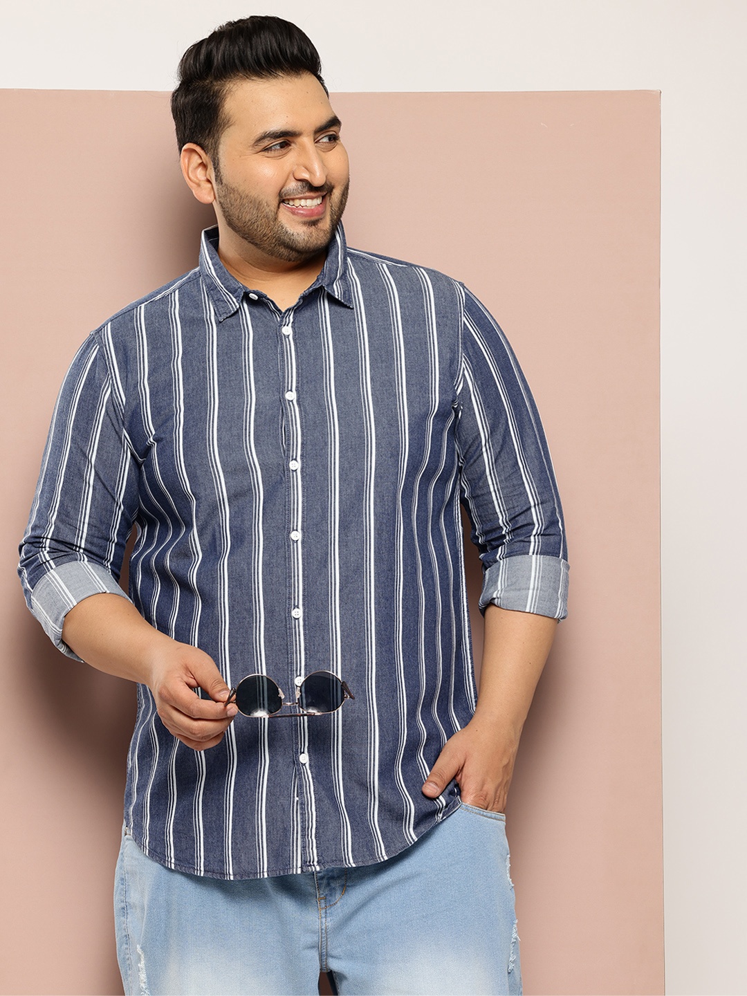 

Sztori Plus Size Striped Casual Shirt, Blue