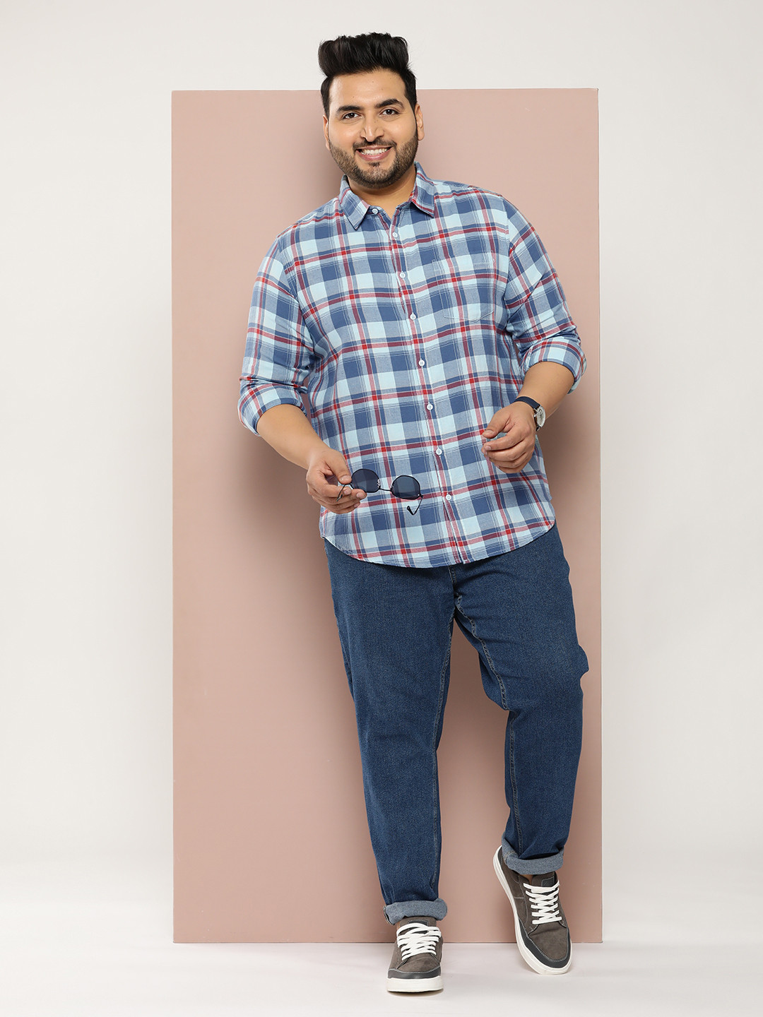 

Sztori Plus Size Pure Cotton Checked Casual Shirt, Blue