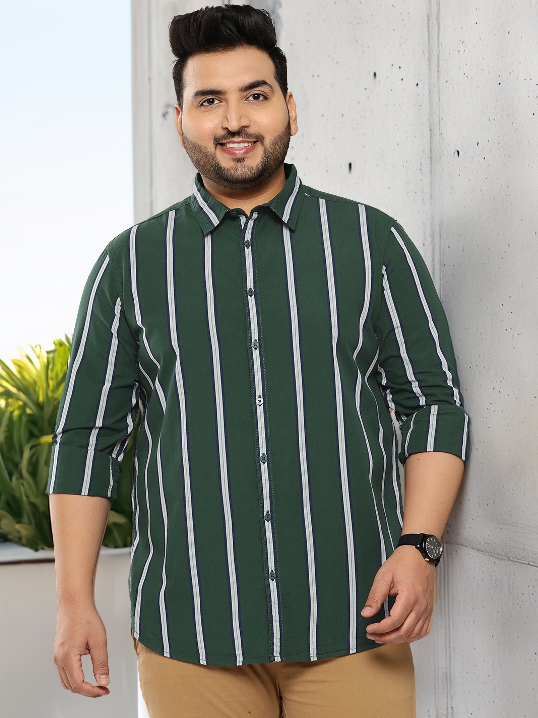 

Sztori Plus Size Pure Cotton Striped Casual Shirt, Green