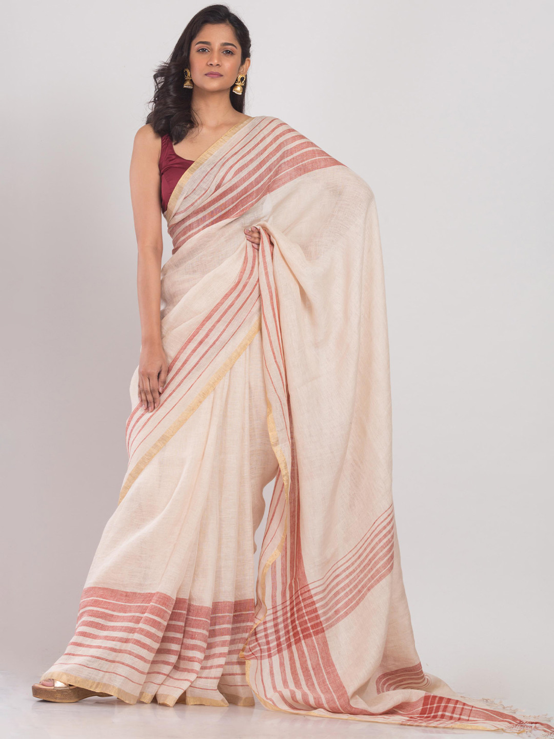 

Angoshobha Ethnic Woven Design Pure Linen Saree, Off white