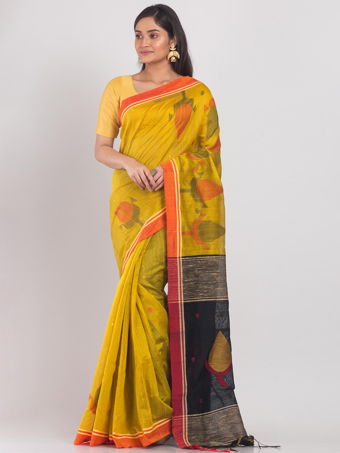 

Angoshobha Ethnic Woven Design Silk Cotton Jamdani Saree, Yellow