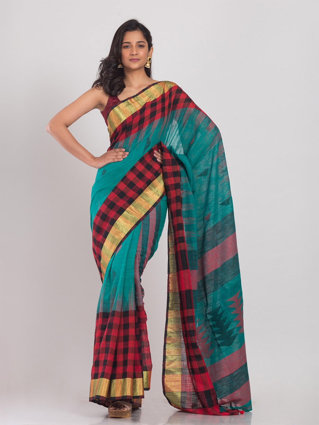 

Angoshobha Ethnic Woven Design Pure Cotton Jamdani Saree, Teal