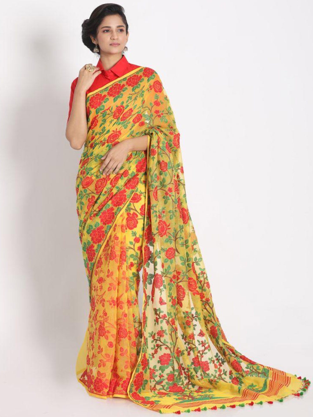

Angoshobha Ethnic Woven Design Silk Cotton Jamdani Saree, Yellow
