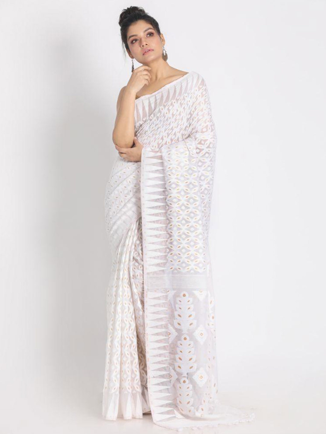 

Angoshobha Ethnic Woven Design Silk Cotton Jamdani Saree, White
