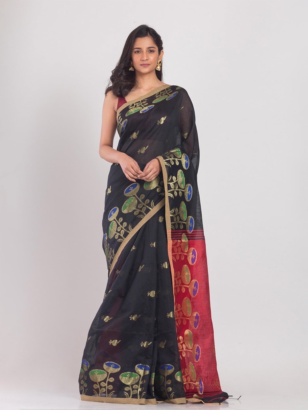 

Angoshobha Ethnic Woven Design Silk Cotton Saree, Black