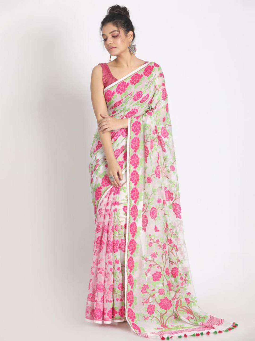 

Angoshobha Floral Woven Design Silk Cotton Jamdani Saree, Green