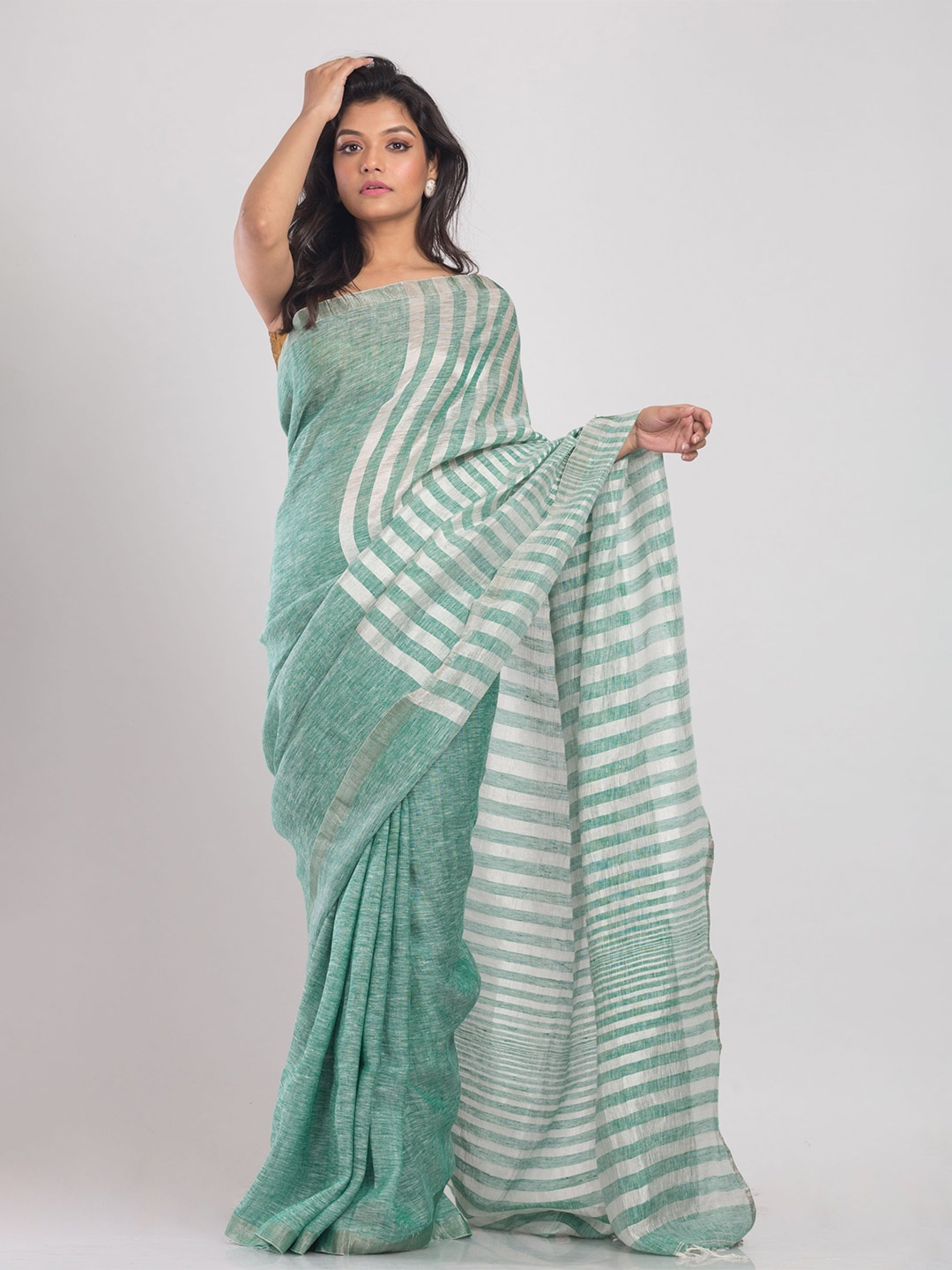 

Angoshobha Striped Woven Design Pure Linen Saree, Green