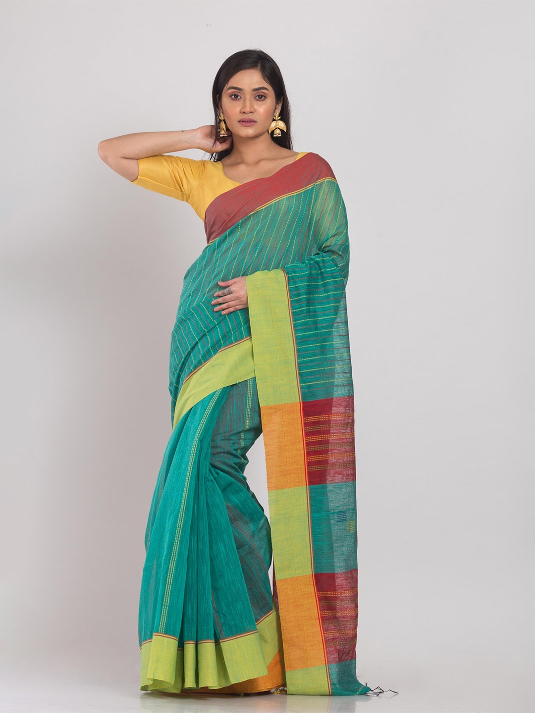 

Angoshobha Striped Woven Design Silk Cotton Saree, Teal