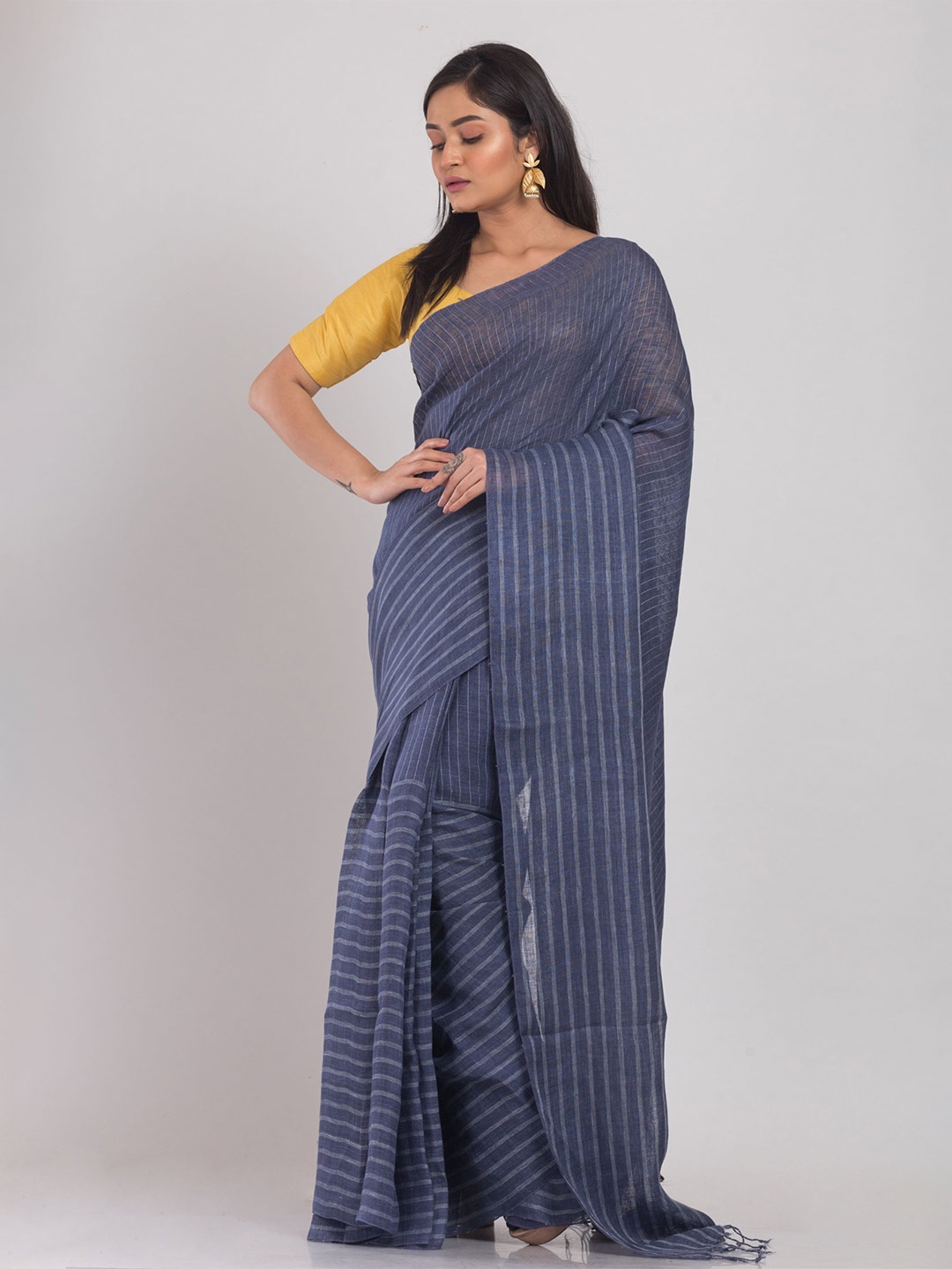 

Angoshobha Striped Woven Design Pure Linen Saree, Blue