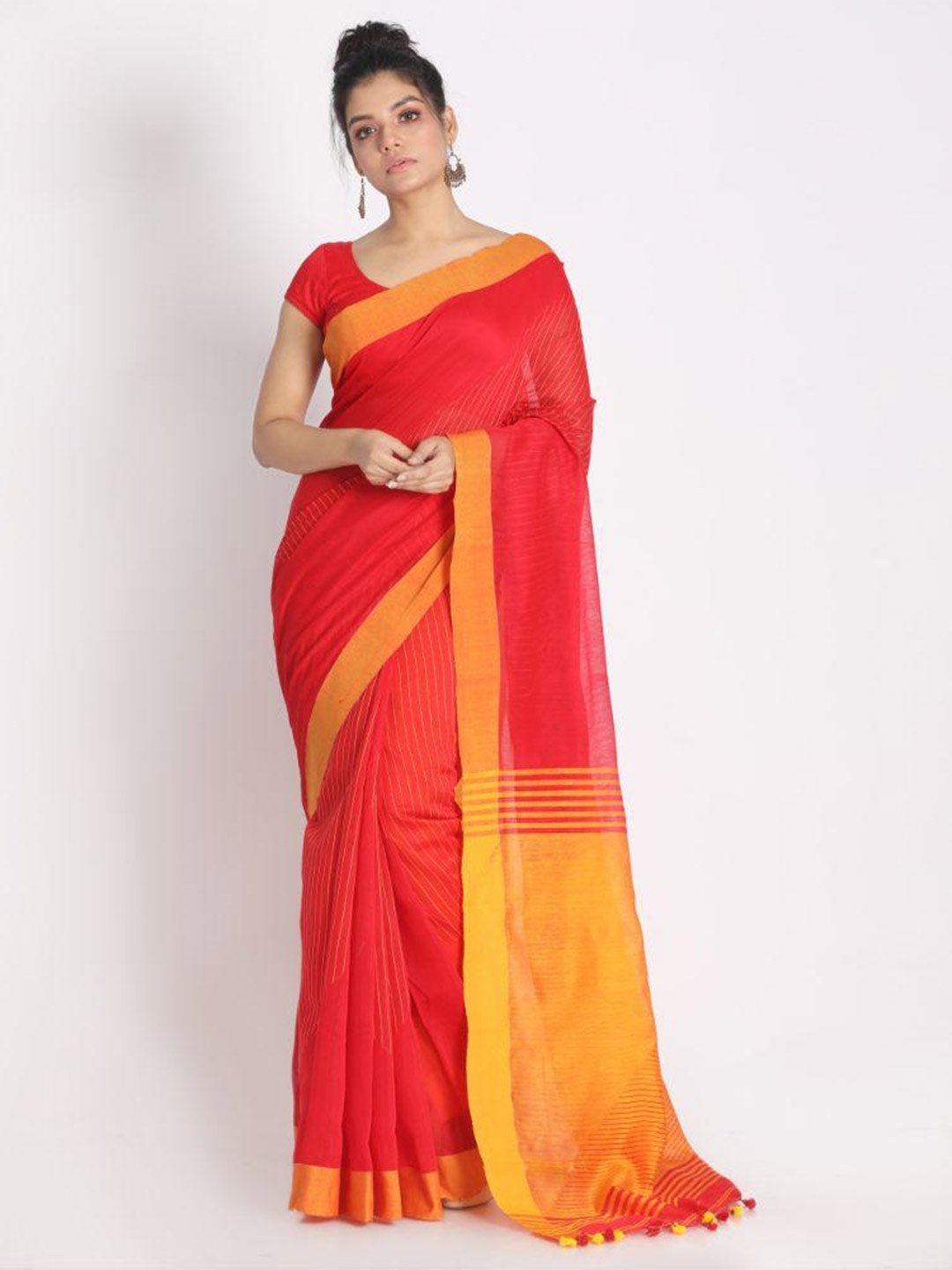 

Angoshobha Striped Woven Design Silk Cotton Saree, Red