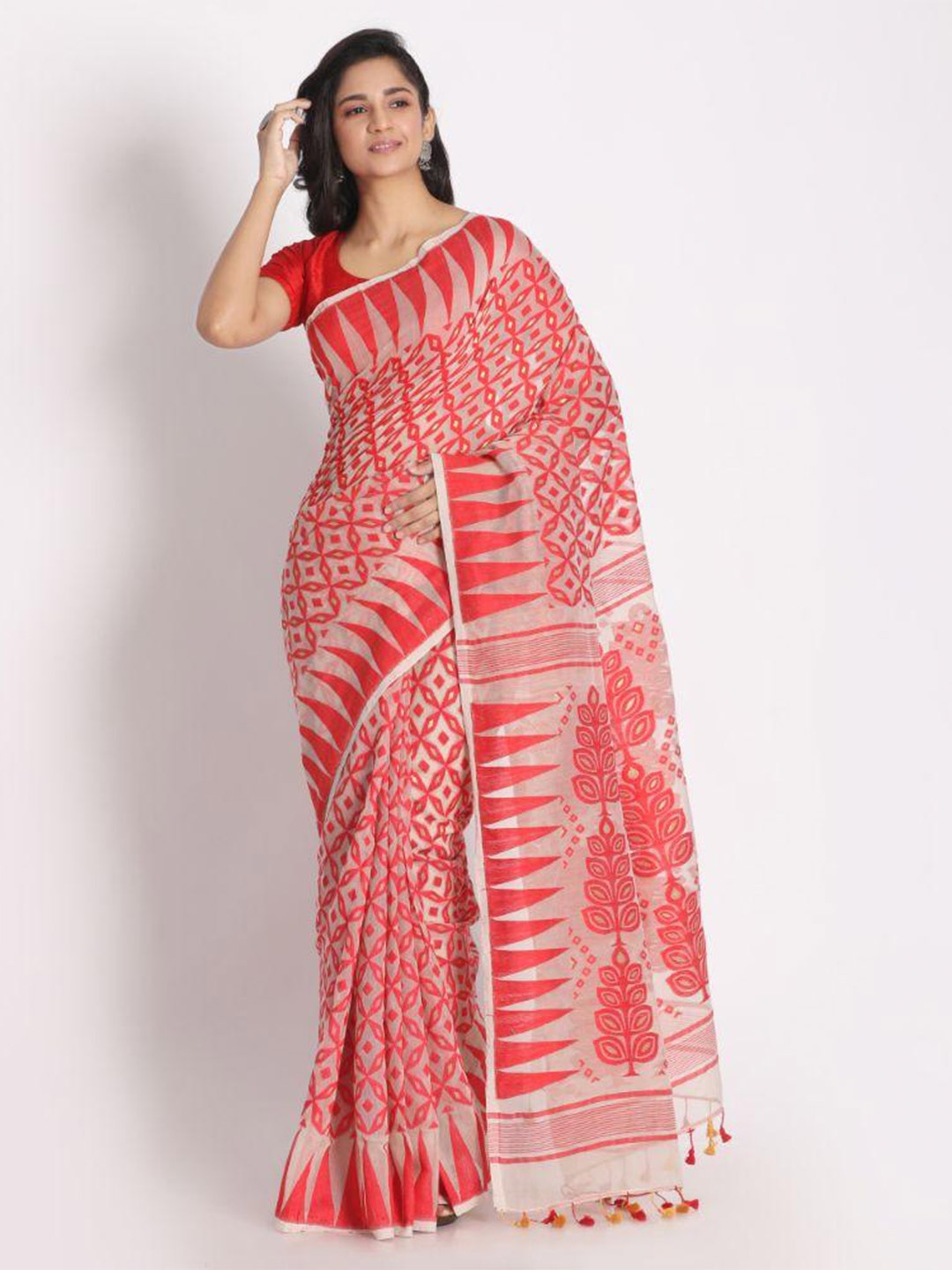 

Angoshobha Floral Woven Design Silk Cotton Jamdani Saree, White