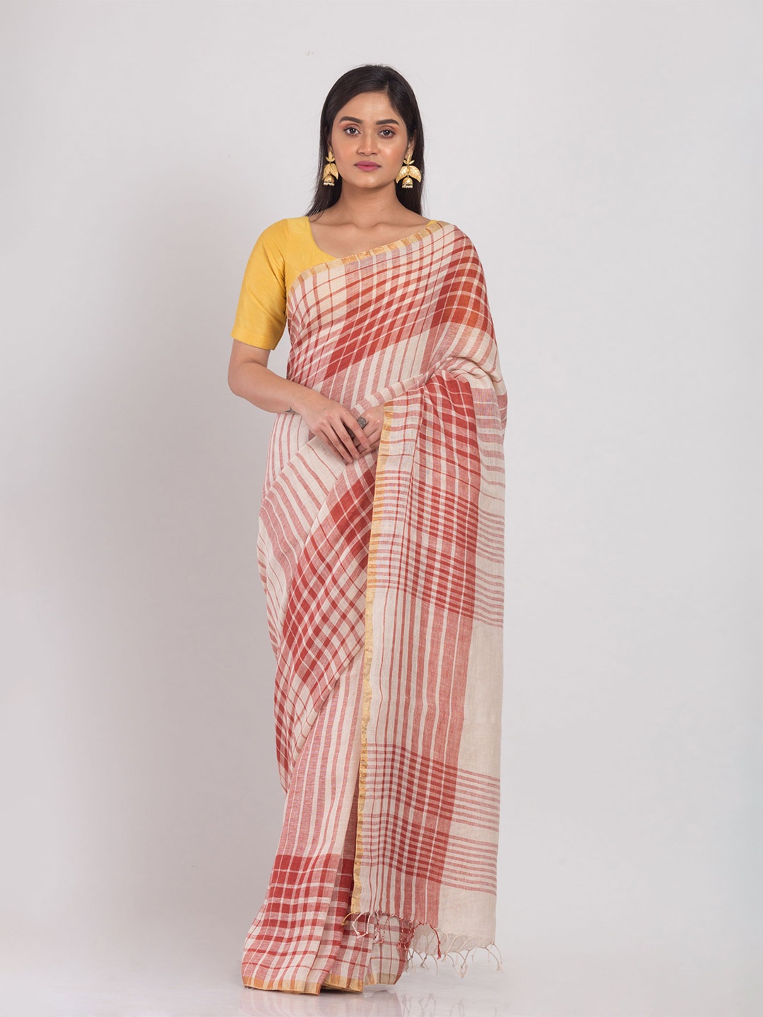 

Angoshobha Checked Woven Design Pure Linen Saree, Off white