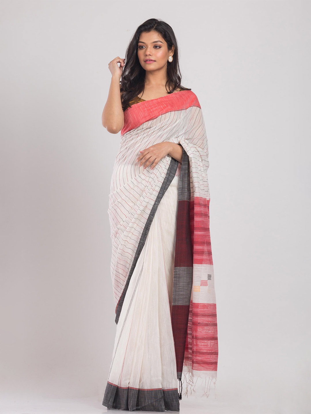 

Angoshobha Striped Woven Design Silk Cotton Saree, White