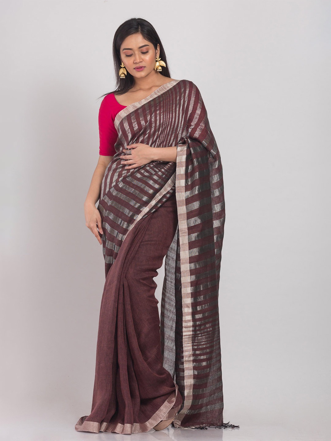 

Angoshobha Striped Woven Design Pure Linen Saree, Brown