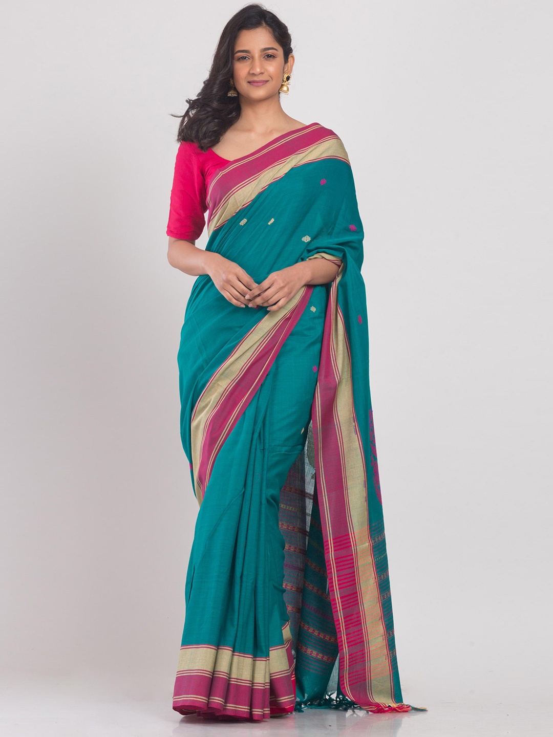 

Angoshobha Woven Design Zari Printed Pure Cotton Saree, Teal