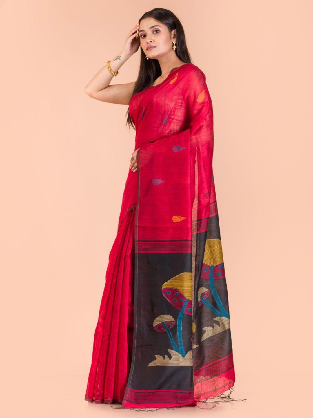 

Angoshobha Woven Design Printed Cotton Blend Saree, Red