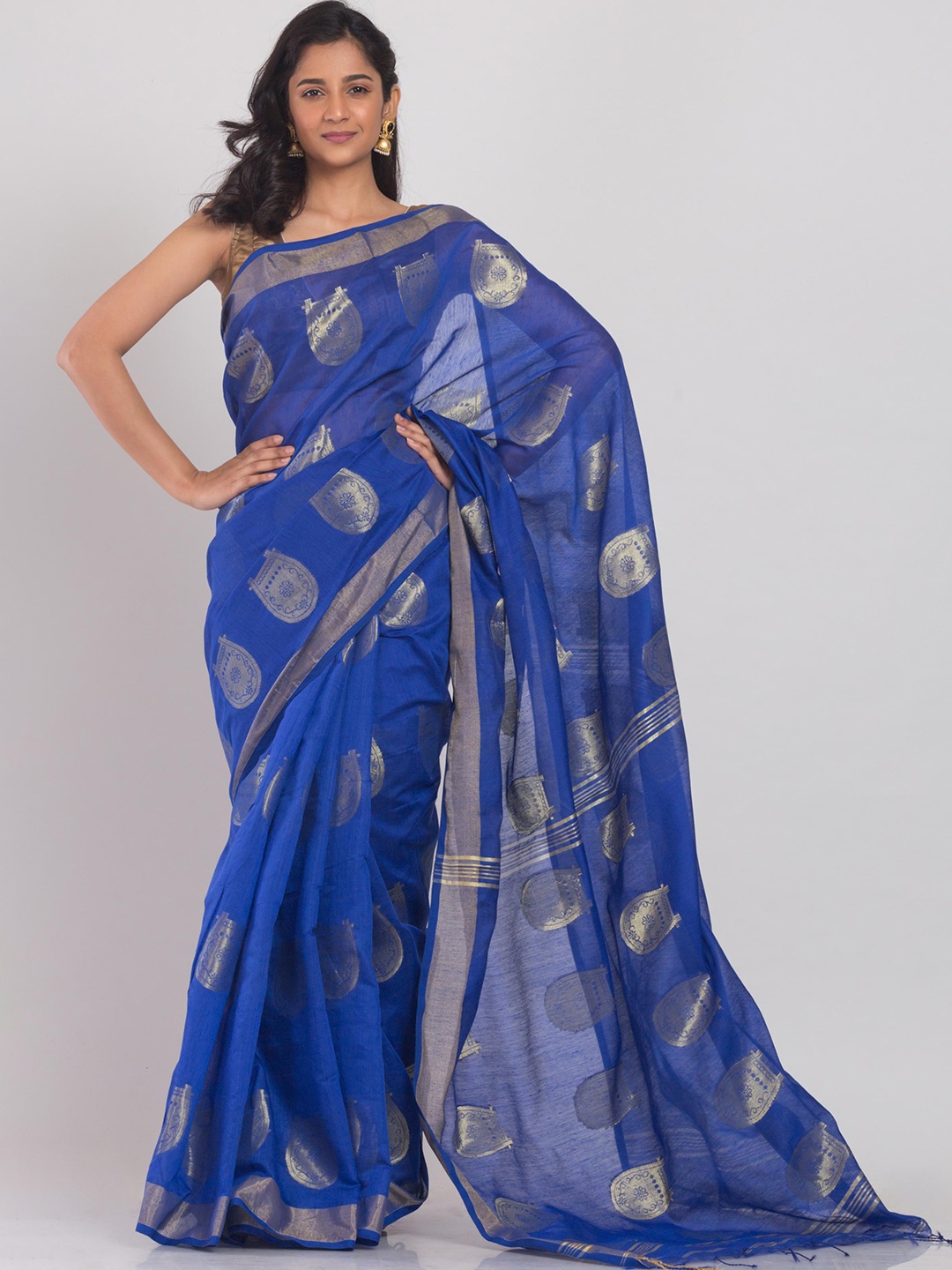 

Angoshobha Ethnic Motifs Woven Design Zari Printed Silk Cotton Saree, Blue