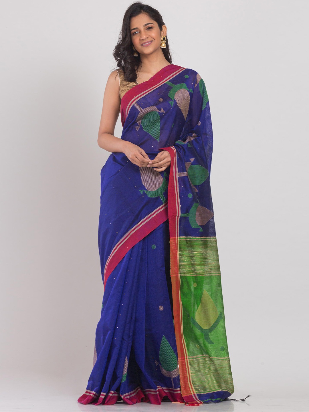 

Angoshobha Woven Design Printed Silk Cotton Jamdani Saree, Blue