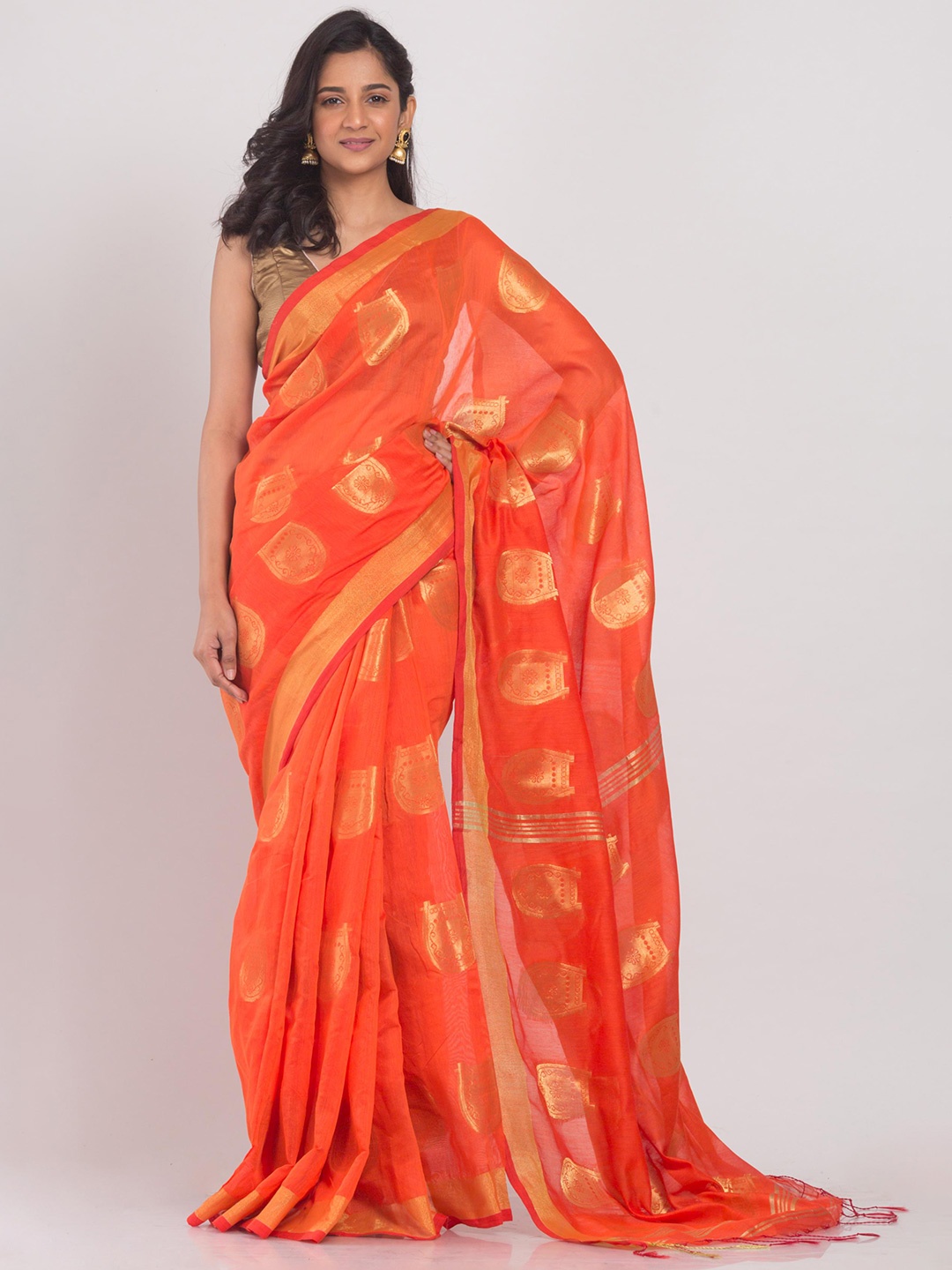 

Angoshobha Woven Design Zari Printed Silk Cotton Saree, Orange