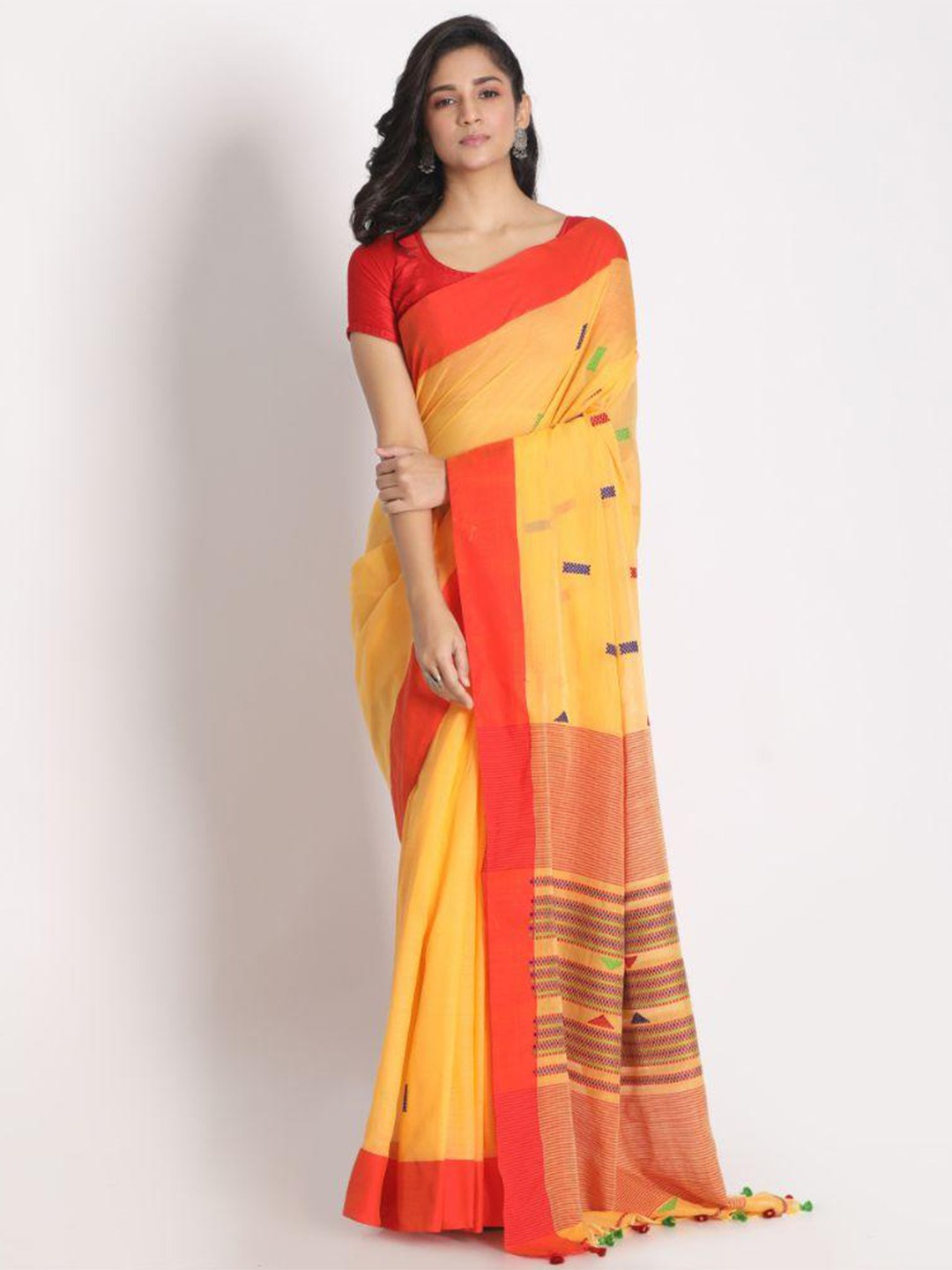 

Angoshobha Woven Design Printed Pure Cotton Saree, Yellow