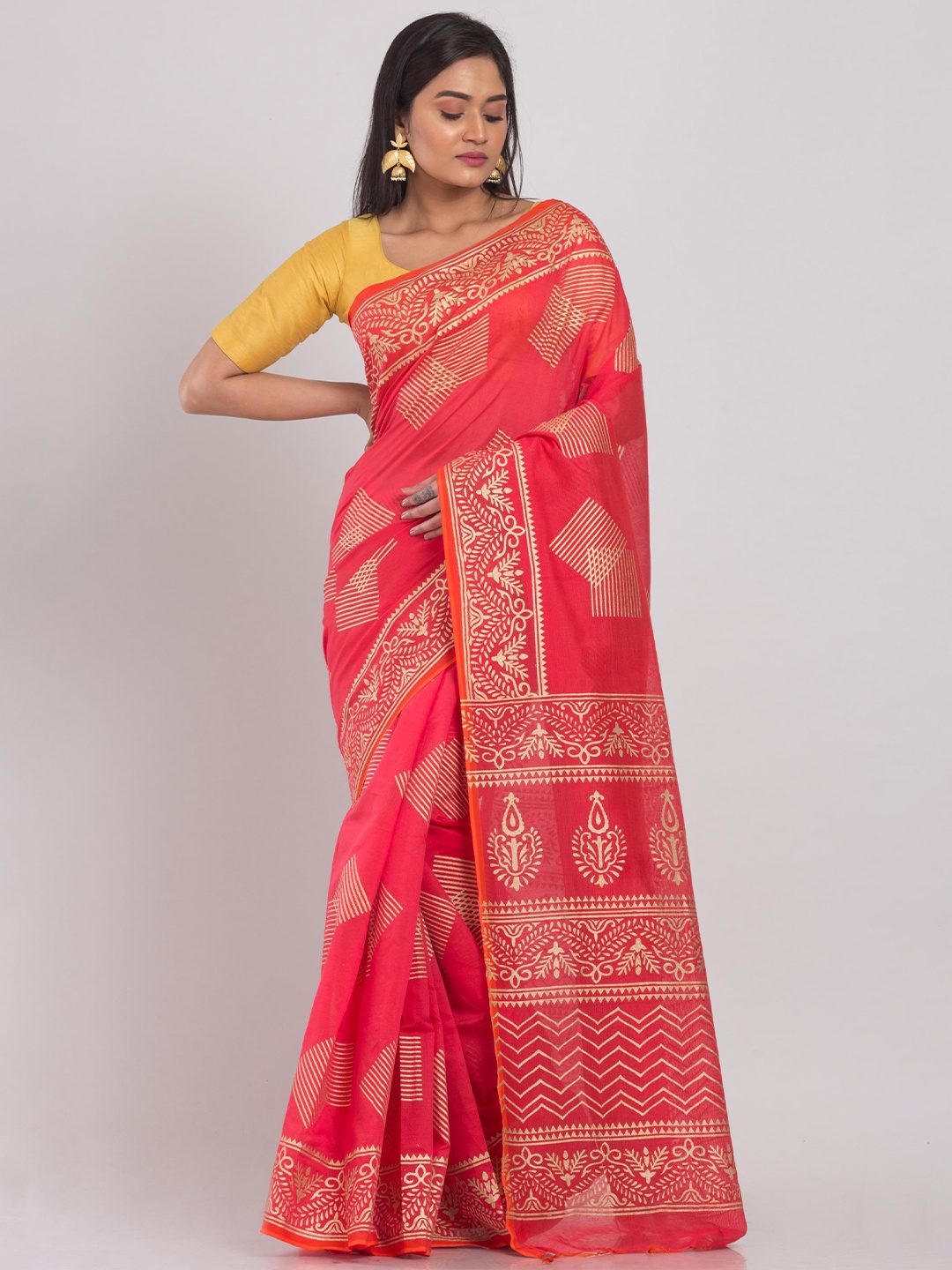 

Angoshobha Ethnic Motifs Woven Design Zari Printed Silk Cotton Saree, Red