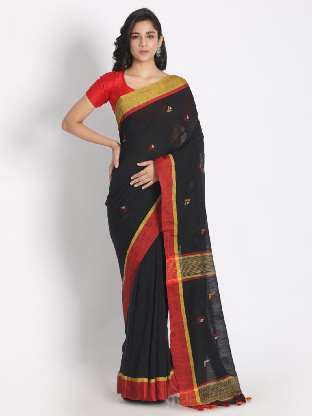

Angoshobha Woven Design Zari Printed Pure Cotton Saree, Black