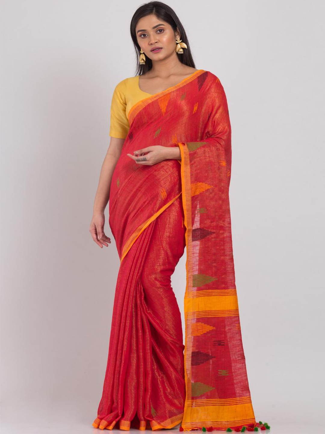 

Angoshobha Woven Design Printed Silk Cotton Saree, Red
