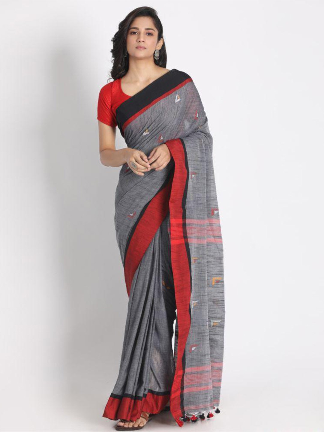 

Angoshobha Woven Design Printed Pure Cotton Saree, Grey