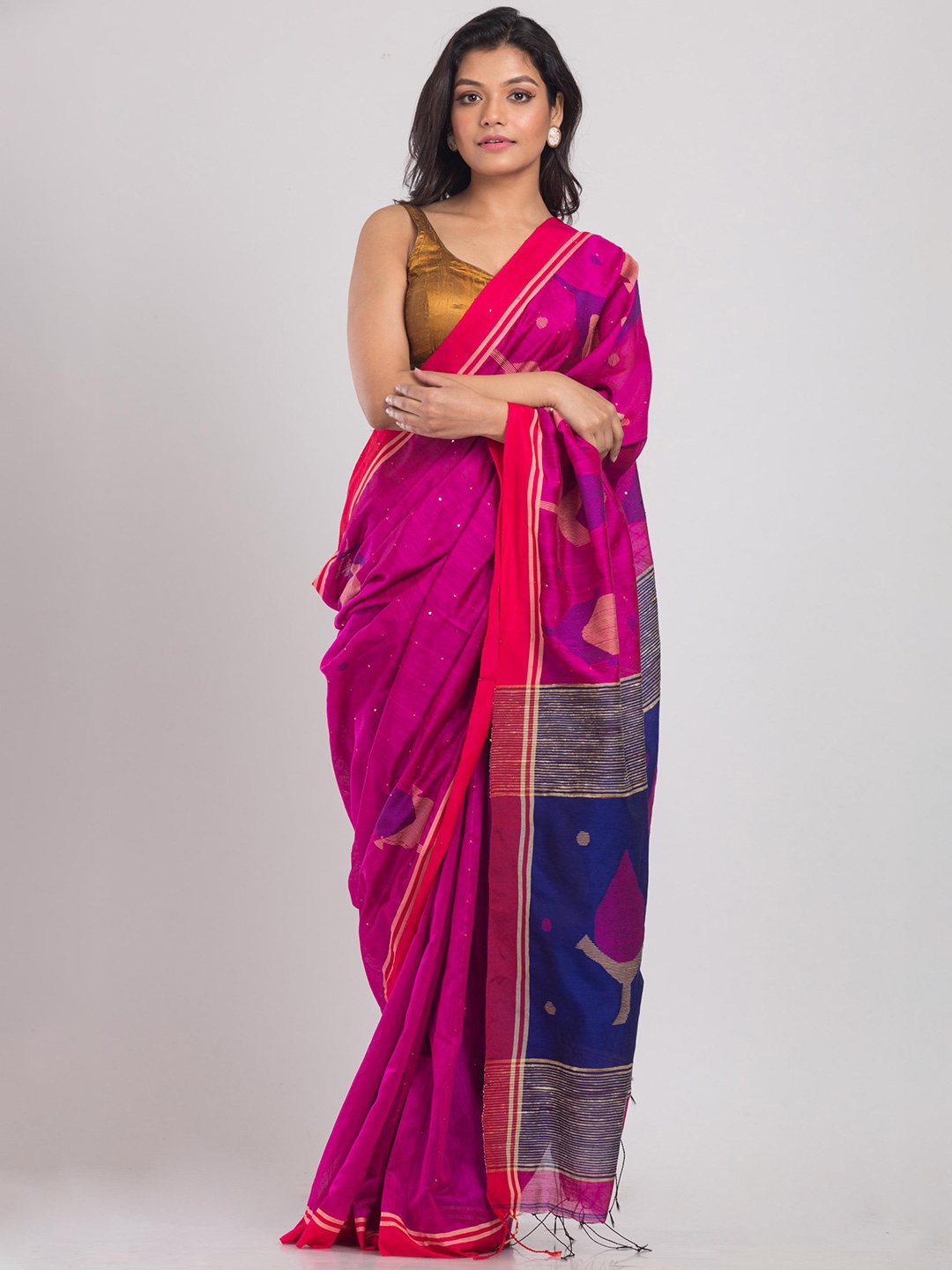 

Angoshobha Ethnic Motifs Woven Design Silk Cotton Jamdani Saree, Pink