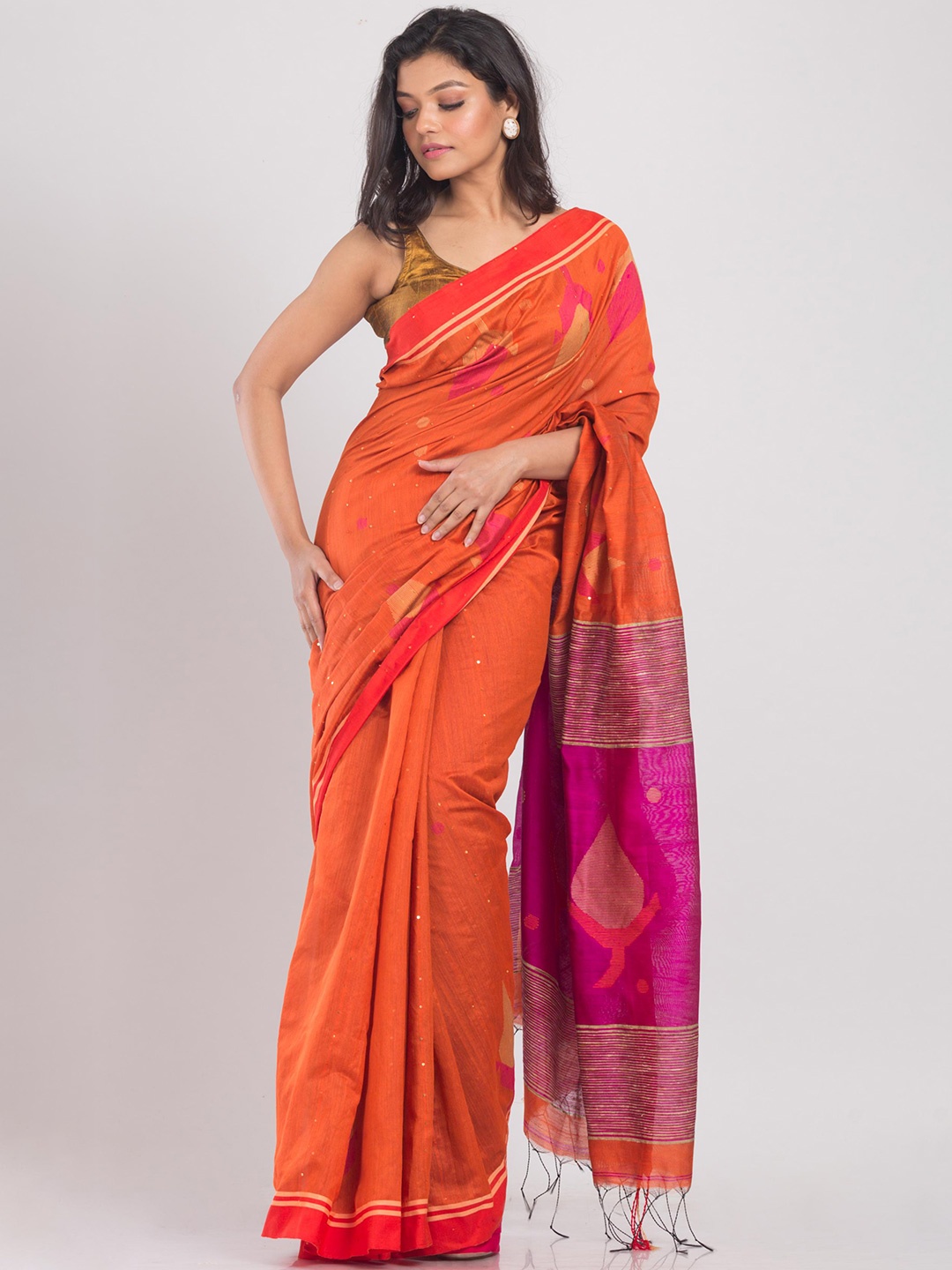 

Angoshobha Ethnic Motifs Woven Design Zari Printed Silk Cotton Jamdani Saree, Orange