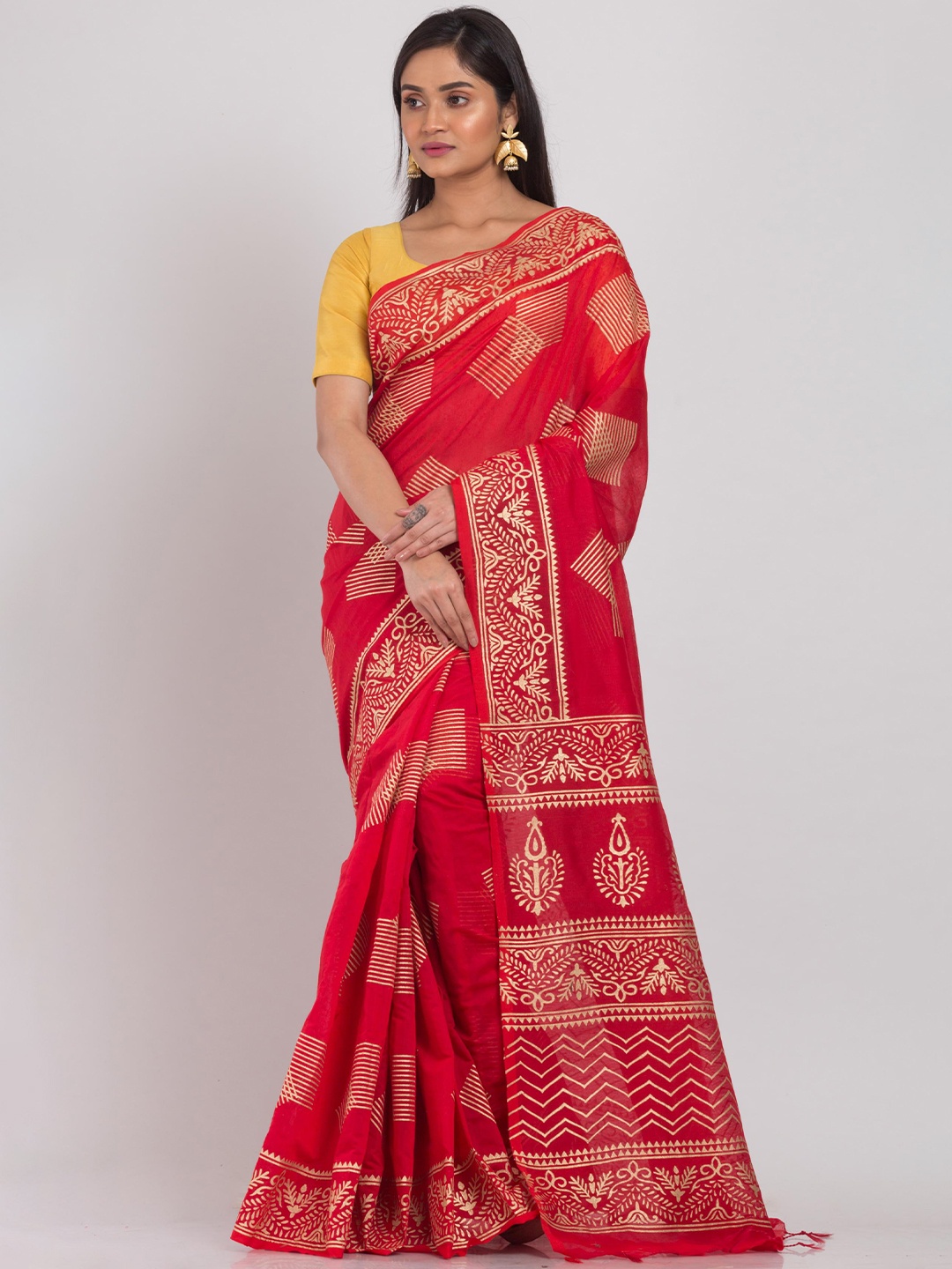 

Angoshobha Ethnic Motifs Printed Silk Cotton Saree, Red