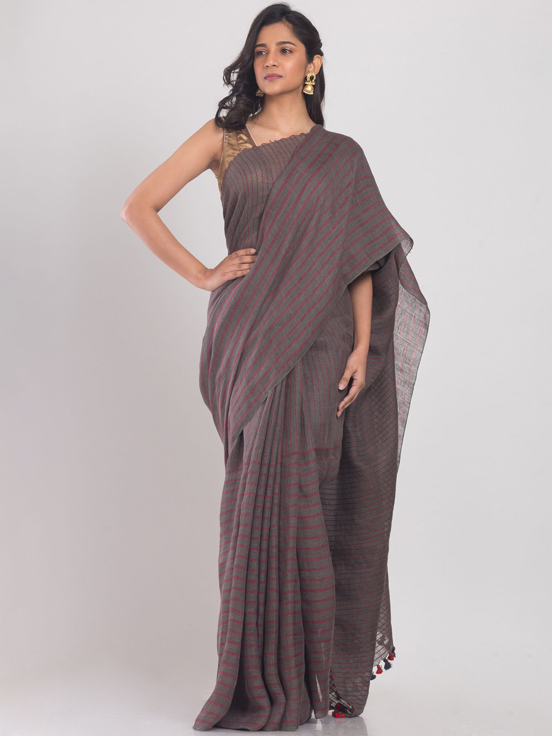 

Angoshobha Striped Pure Linen Saree, Grey