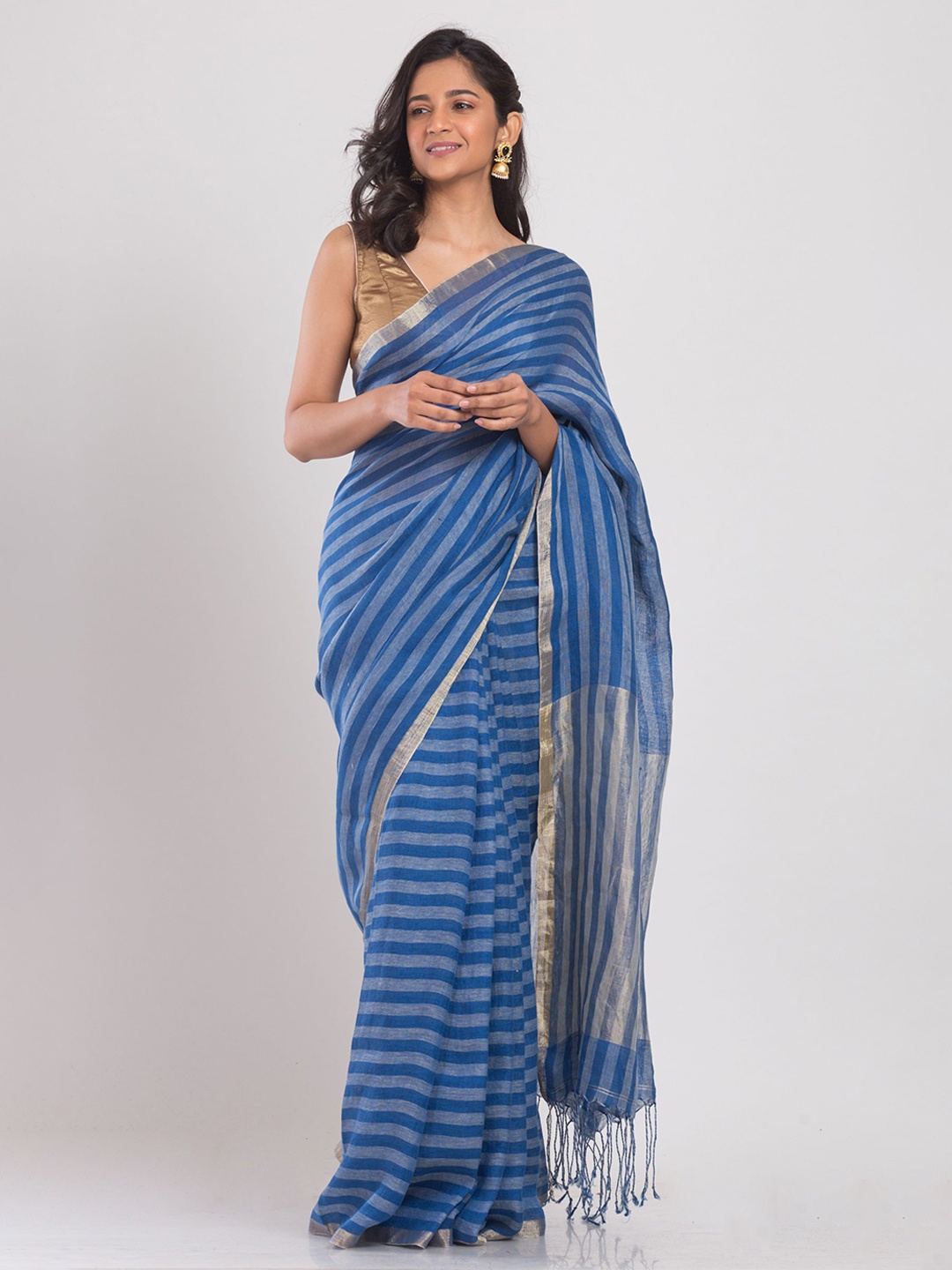 

Angoshobha Striped Woven Design Zari Pure Linen Saree, Blue
