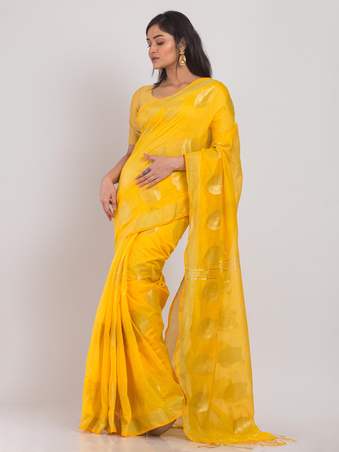 

Angoshobha Ethnic Motifs Woven Design Zari Silk Cotton Saree, Yellow