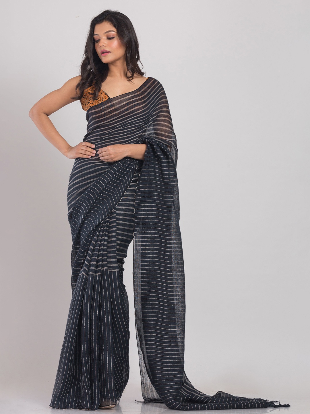 

Angoshobha Striped Woven Design Pure Linen Saree, Grey