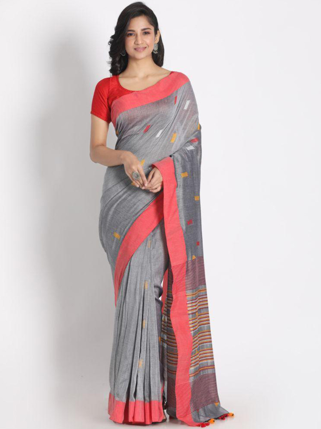 

Angoshobha Geometric Woven Design Pure Cotton Saree, Grey