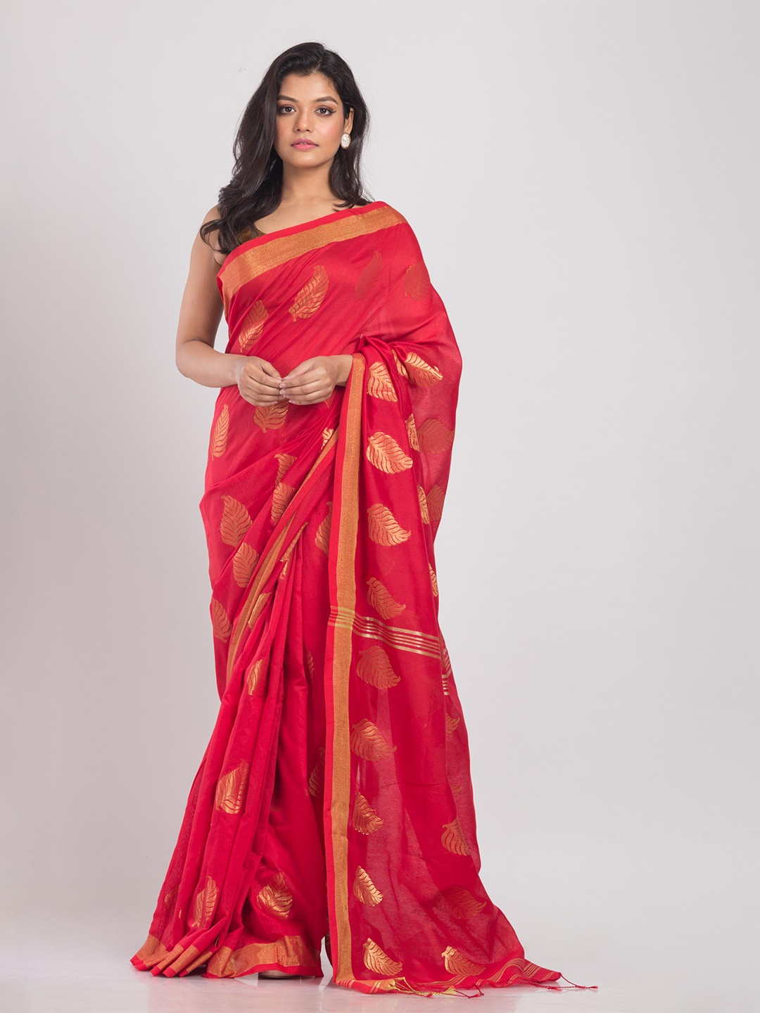 

Angoshobha Ethnic Motifs Woven Design Zari Silk Cotton Saree, Red