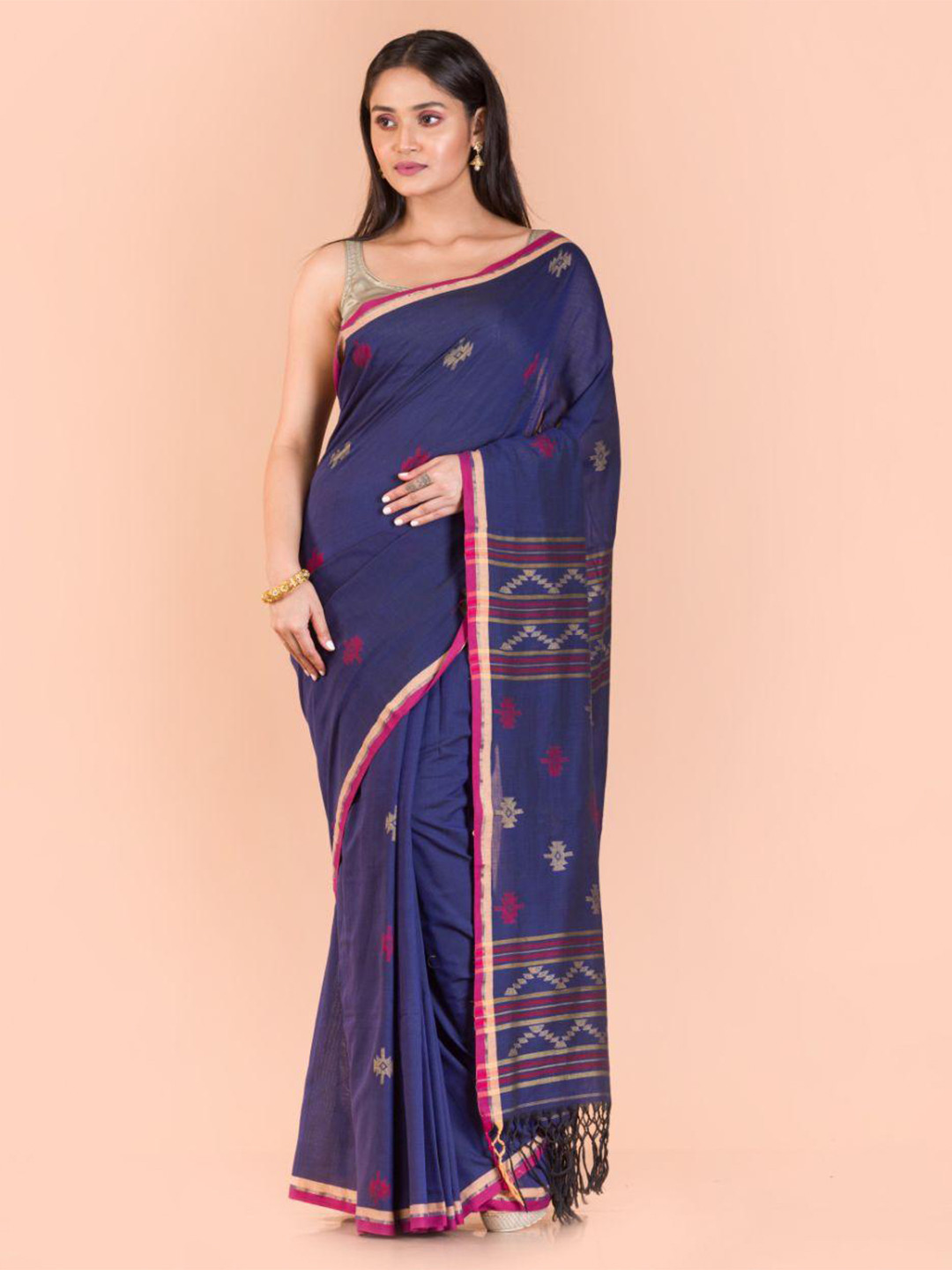

Angoshobha Ethnic Motifs Woven Design Zari Pure Cotton Jamdani Saree, Blue