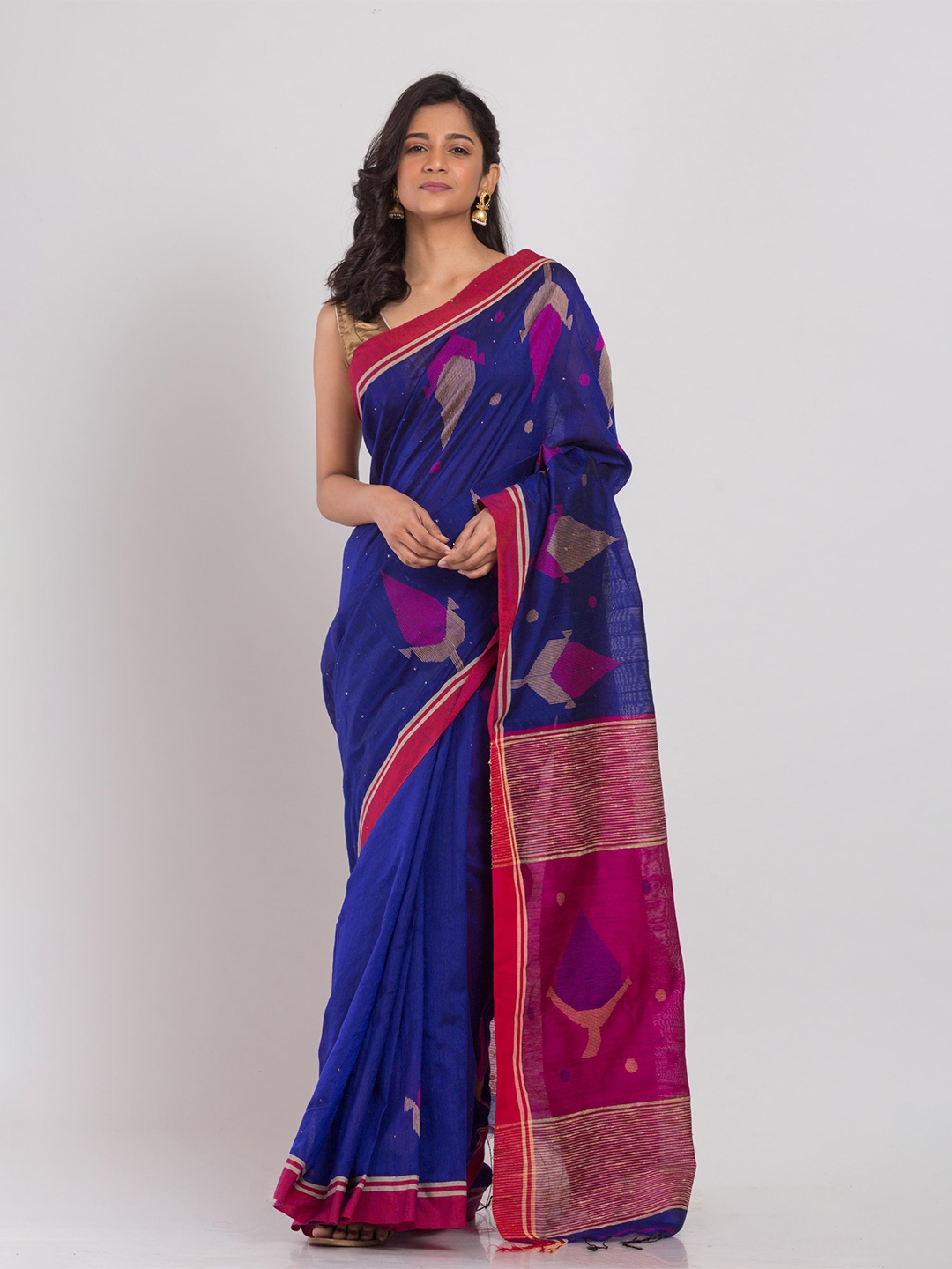 

Angoshobha Ethnic Motifs Woven Design Silk Cotton Jamdani Saree, Blue